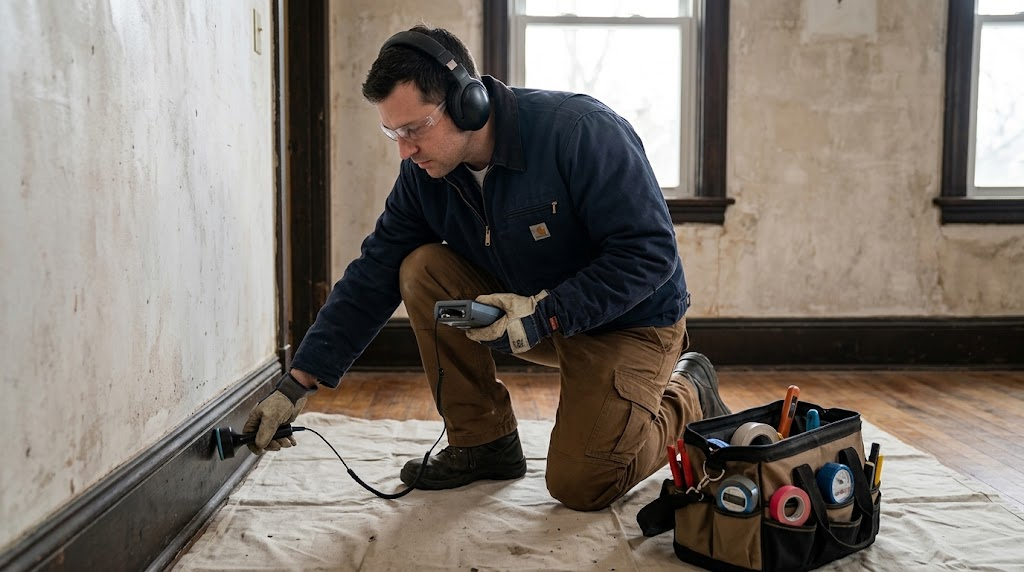 Plumber using acoustic leak detection equipment to locate pipe leaks